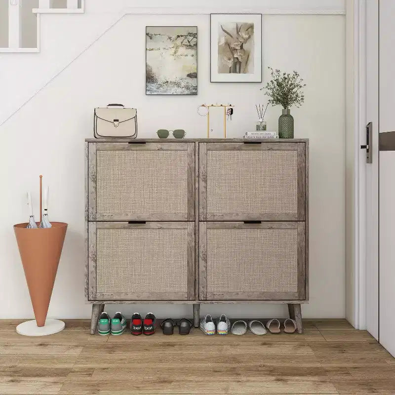 Meuble à chaussures Okak avec 2 tiroirs basculants, Organisateur de chaussures sur pied, Meuble à chaussures étroit dissimulé pour entrée, couloir, salon