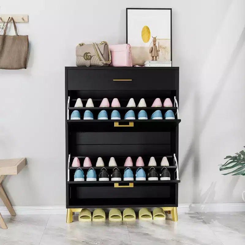 Meuble à chaussures Okak avec 2 tiroirs basculants, Organisateur de chaussures sur pied, Meuble à chaussures étroit dissimulé pour entrée, couloir, salon