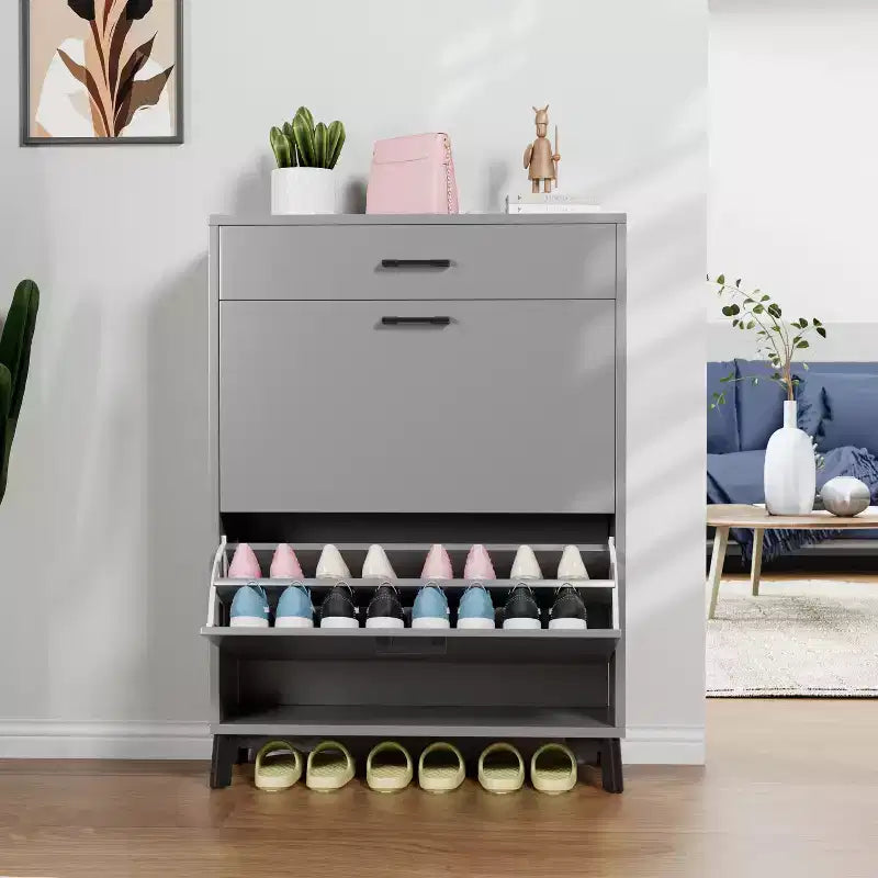 Meuble à chaussures Okak avec 2 tiroirs basculants, Organisateur de chaussures sur pied, Meuble à chaussures étroit dissimulé pour entrée, couloir, salon