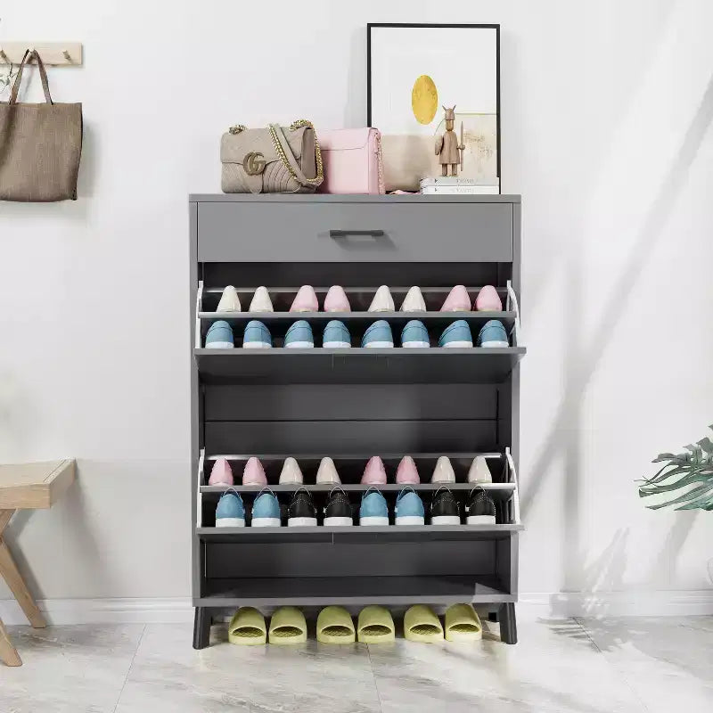 Meuble à chaussures Okak avec 2 tiroirs basculants, Organisateur de chaussures sur pied, Meuble à chaussures étroit dissimulé pour entrée, couloir, salon