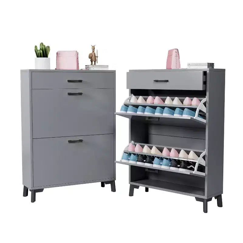 Meuble à chaussures Okak avec 2 tiroirs basculants, Organisateur de chaussures sur pied, Meuble à chaussures étroit dissimulé pour entrée, couloir, salon