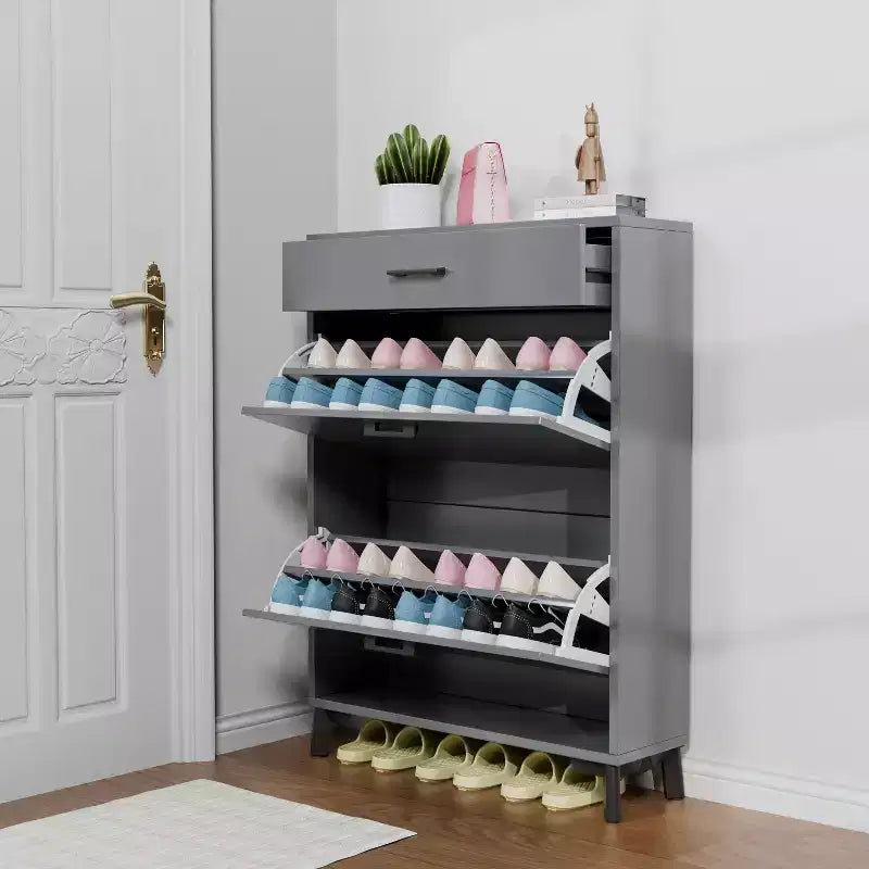 Meuble à chaussures Okak avec 2 tiroirs basculants, Organisateur de chaussures sur pied, Meuble à chaussures étroit dissimulé pour entrée, couloir, salon