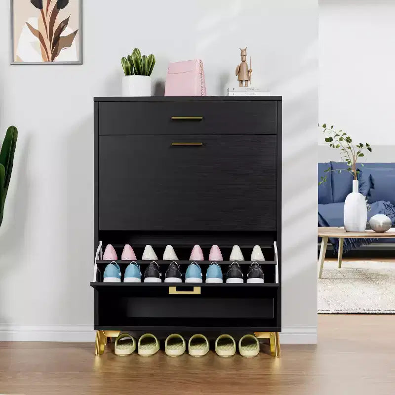 Meuble à chaussures Okak avec 2 tiroirs basculants, Organisateur de chaussures sur pied, Meuble à chaussures étroit dissimulé pour entrée, couloir, salon