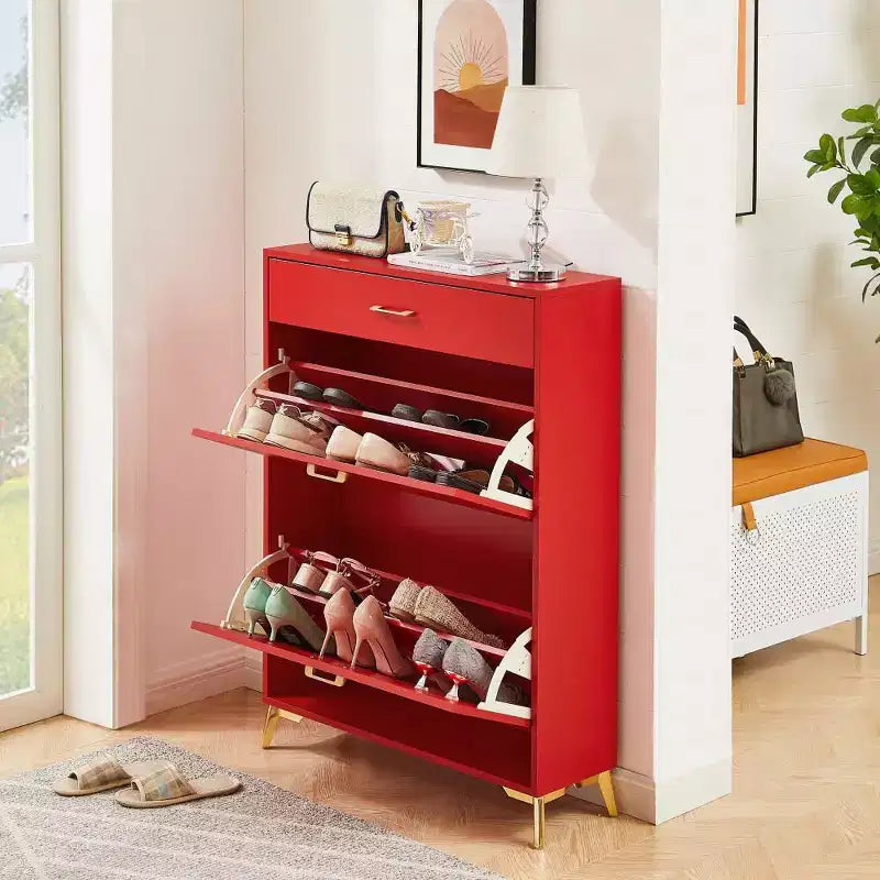 Meuble à chaussures Okak avec 2 tiroirs basculants, Organisateur de chaussures sur pied, Meuble à chaussures étroit dissimulé pour entrée, couloir, salon