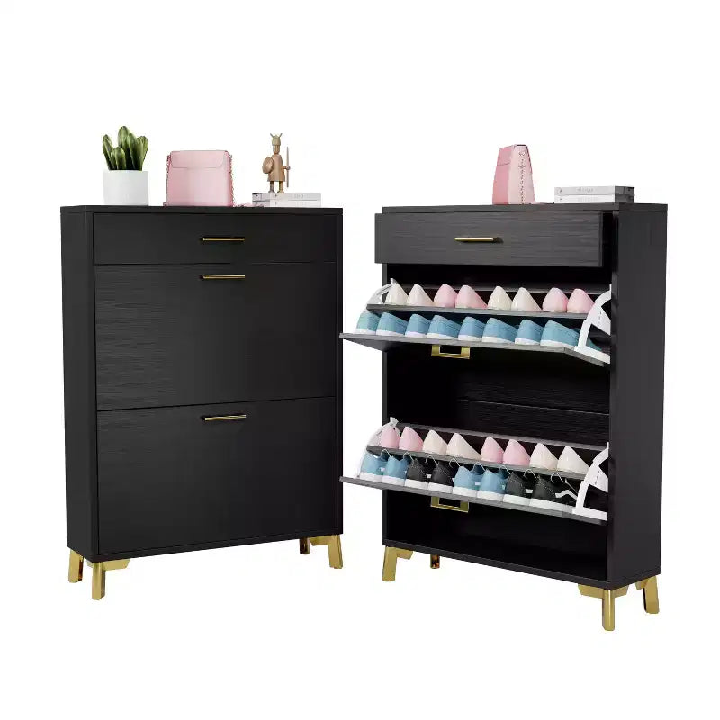 Meuble à chaussures Okak avec 2 tiroirs basculants, Organisateur de chaussures sur pied, Meuble à chaussures étroit dissimulé pour entrée, couloir, salon