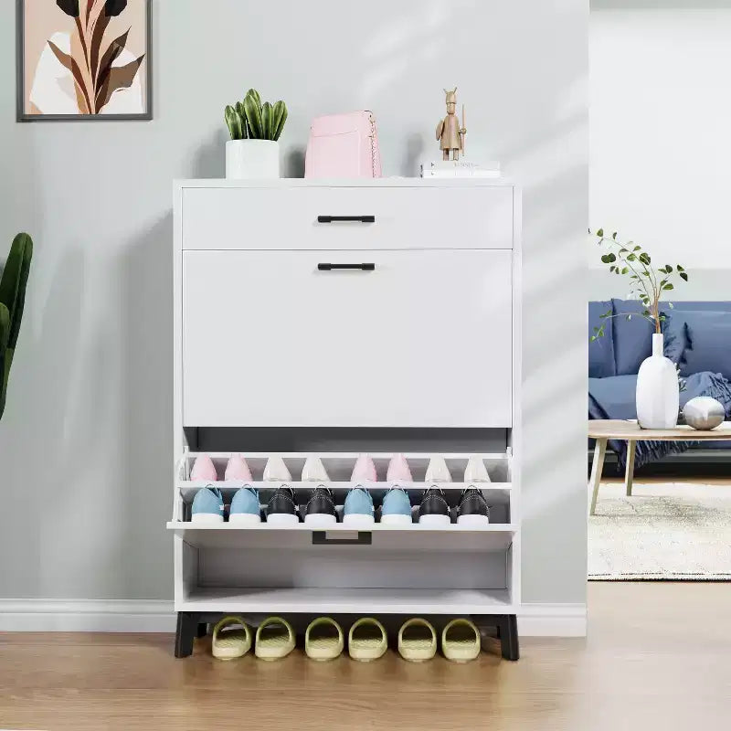 Meuble à chaussures Okak avec 2 tiroirs basculants, Organisateur de chaussures sur pied, Meuble à chaussures étroit dissimulé pour entrée, couloir, salon