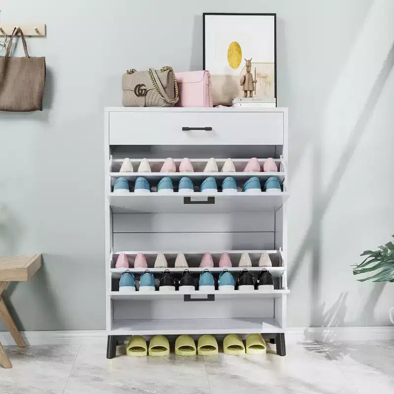 Meuble à chaussures Okak avec 2 tiroirs basculants, Organisateur de chaussures sur pied, Meuble à chaussures étroit dissimulé pour entrée, couloir, salon