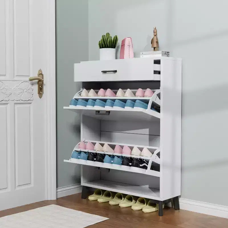 Meuble à chaussures Okak avec 2 tiroirs basculants, Organisateur de chaussures sur pied, Meuble à chaussures étroit dissimulé pour entrée, couloir, salon