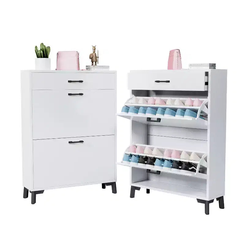 Meuble à chaussures Okak avec 2 tiroirs basculants, Organisateur de chaussures sur pied, Meuble à chaussures étroit dissimulé pour entrée, couloir, salon