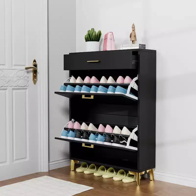 Meuble à chaussures Okak avec 2 tiroirs basculants, Organisateur de chaussures sur pied, Meuble à chaussures étroit dissimulé pour entrée, couloir, salon