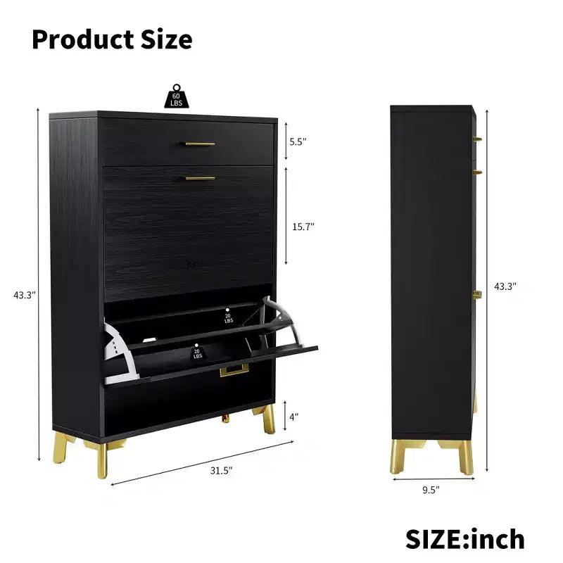 Meuble à chaussures Okak avec 2 tiroirs basculants, Organisateur de chaussures sur pied, Meuble à chaussures étroit dissimulé pour entrée, couloir, salon