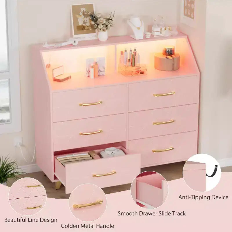 Commode à 6 tiroirs CuisinSmart, commode en bois avec station de charge, commode de rangement moderne Meuble TV avec tiroirs pour le salon