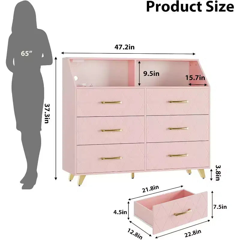 Commode à 6 tiroirs CuisinSmart, commode en bois avec station de charge, commode de rangement moderne Meuble TV avec tiroirs pour le salon