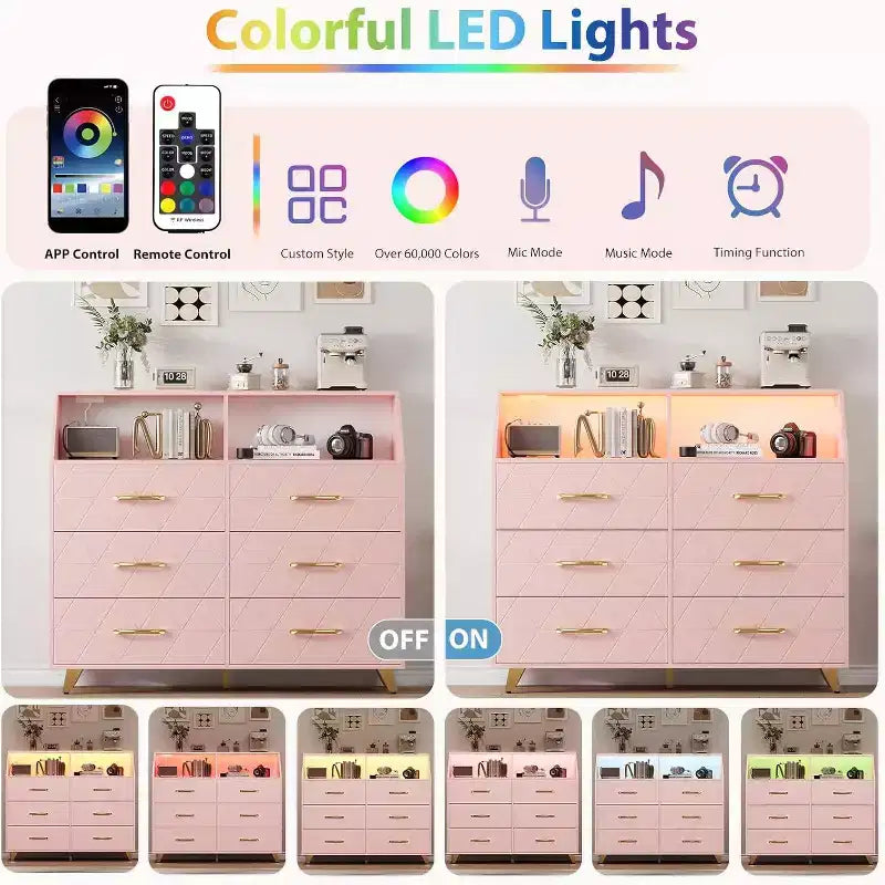Commode à 6 tiroirs CuisinSmart, commode en bois avec station de charge, commode de rangement moderne Meuble TV avec tiroirs pour le salon
