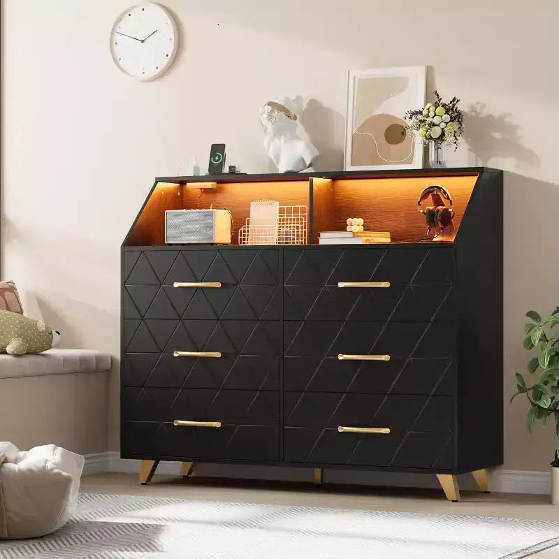 Commode à 6 tiroirs CuisinSmart, commode en bois avec station de charge, commode de rangement moderne Meuble TV avec tiroirs pour le salon