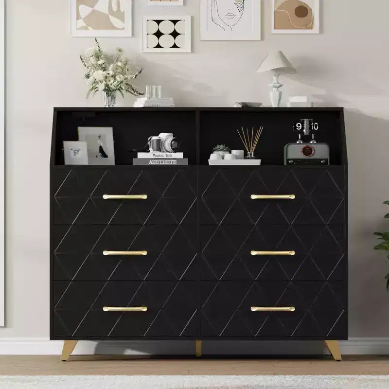 Commode à 6 tiroirs CuisinSmart, commode en bois avec station de charge, commode de rangement moderne Meuble TV avec tiroirs pour le salon