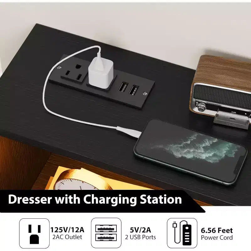 Commode à 6 tiroirs CuisinSmart, commode en bois avec station de charge, commode de rangement moderne Meuble TV avec tiroirs pour le salon