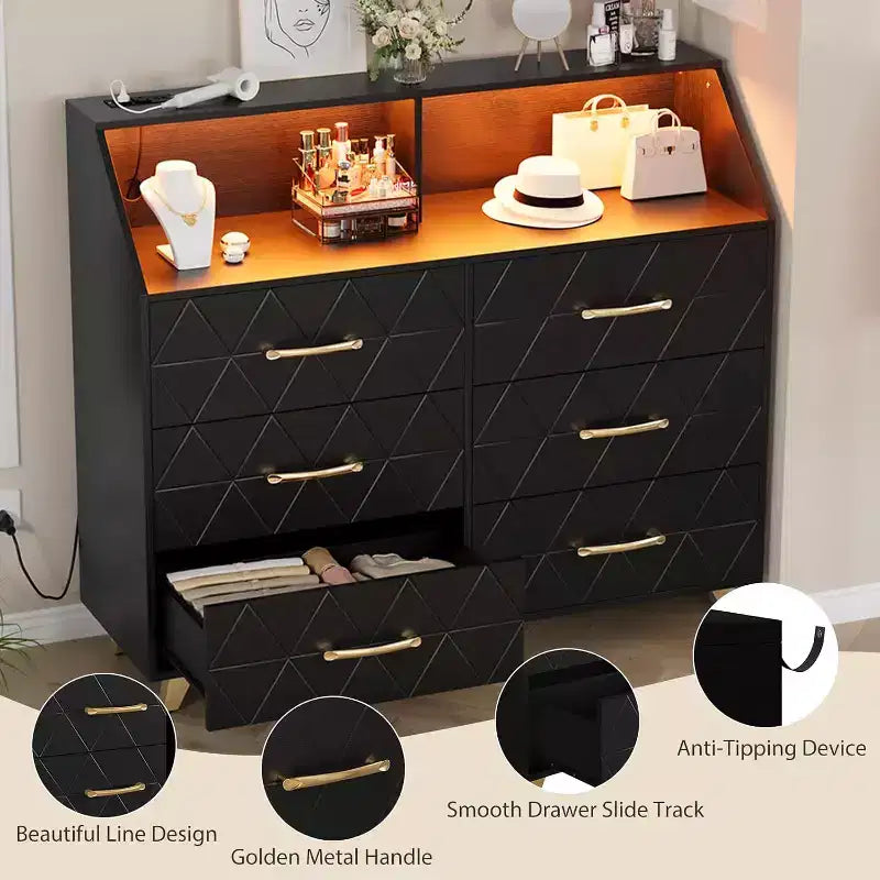 Commode à 6 tiroirs CuisinSmart, commode en bois avec station de charge, commode de rangement moderne Meuble TV avec tiroirs pour le salon
