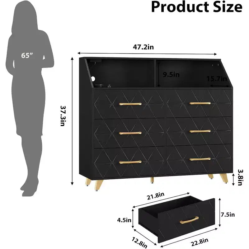 Commode à 6 tiroirs CuisinSmart, commode en bois avec station de charge, commode de rangement moderne Meuble TV avec tiroirs pour le salon