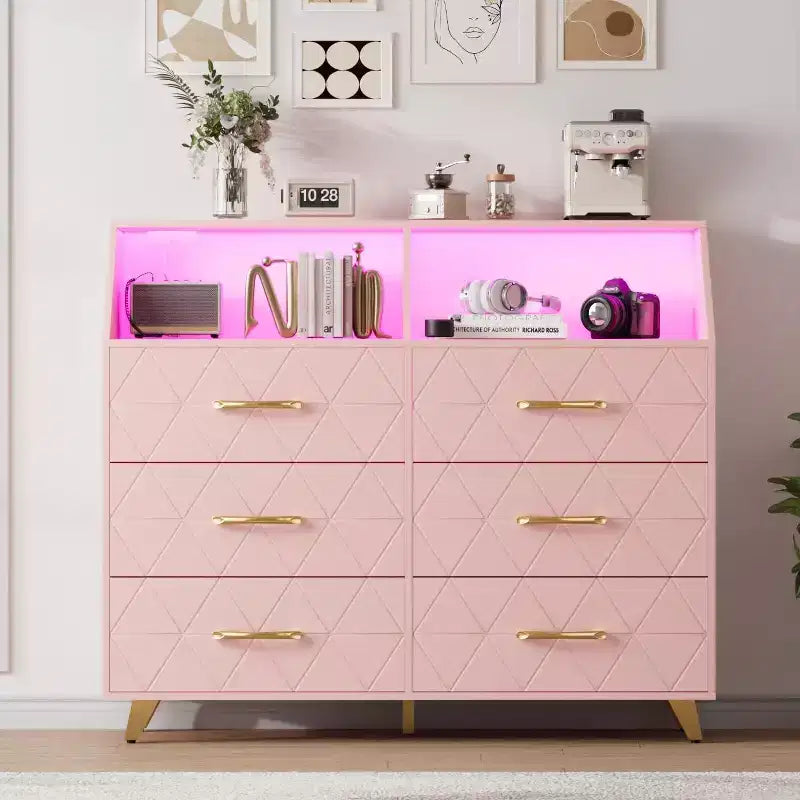 Commode à 6 tiroirs CuisinSmart, commode en bois avec station de charge, commode de rangement moderne Meuble TV avec tiroirs pour le salon