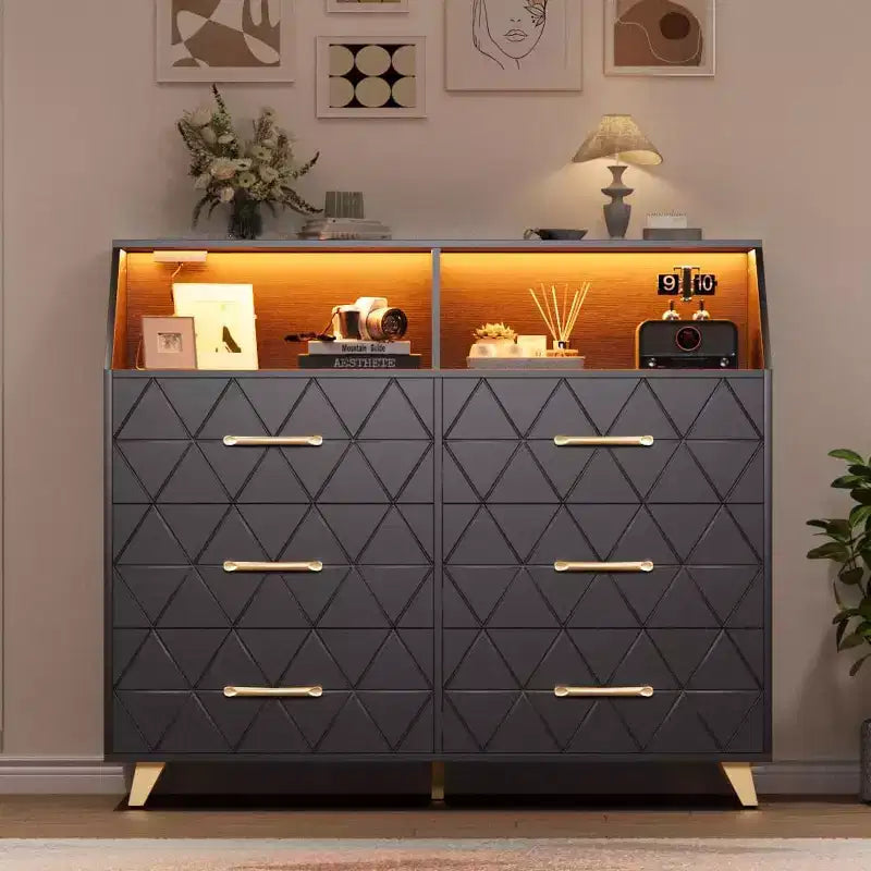 CuisinSmart 6 Drawer Dresser, Wooden Dresser with Charging Station, Modern Storage Cabinet Chests TV Stand of Drawers for Living Room
