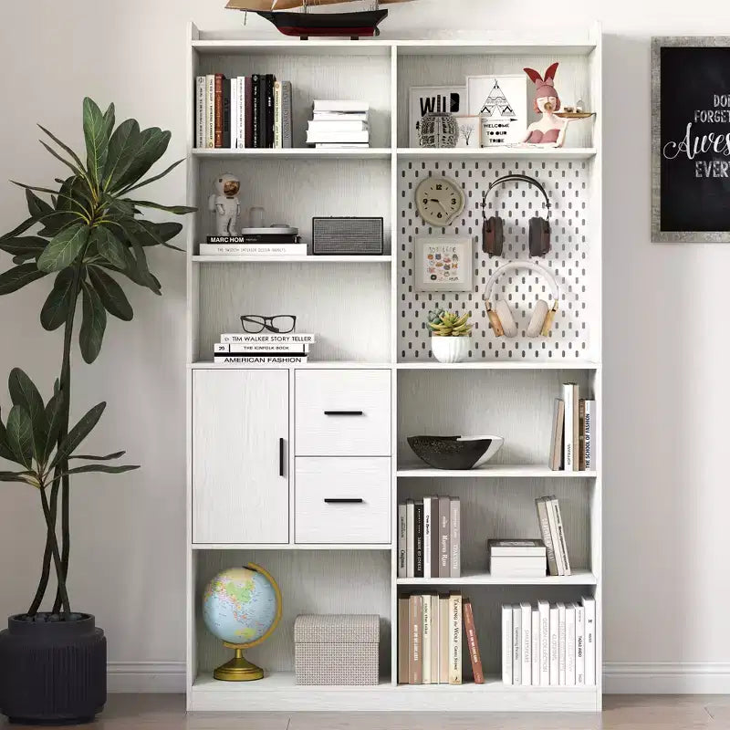 GDFStudio Taliyah Contemporary 9 Cubbies Display Bookshelf with Door, Pegboard and 2 Drawers