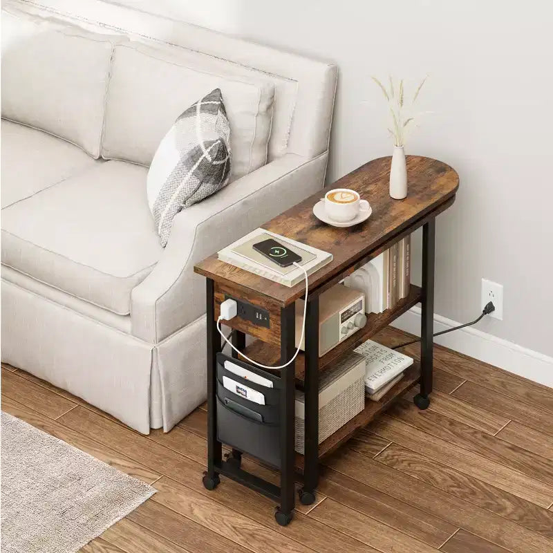 Table d'appoint pivotante à 360° pour canapé, table d'appoint à 2 niveaux avec station de charge, table d'appoint robuste pour salon, chambre, entrée, bureau