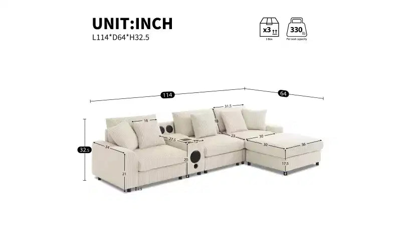 Canapé d'angle en L 4 places Whisen, méridienne convertible confortable, console, haut-parleurs Bluetooth, ports USB, porte-gobelets