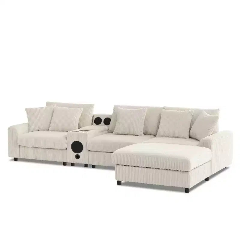 Canapé d'angle en L 4 places Whisen, méridienne convertible confortable, console, haut-parleurs Bluetooth, ports USB, porte-gobelets