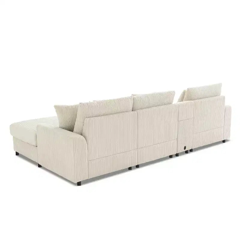 Canapé d'angle en L 4 places Whisen, méridienne convertible confortable, console, haut-parleurs Bluetooth, ports USB, porte-gobelets