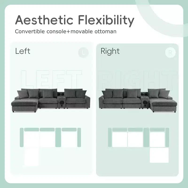 Canapé d'angle en L 4 places Whisen, méridienne convertible confortable, console, haut-parleurs Bluetooth, ports USB, porte-gobelets