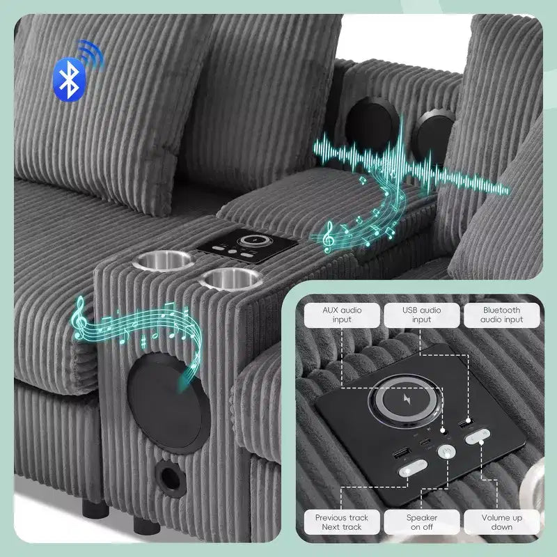 Canapé d'angle en L 4 places Whisen, méridienne convertible confortable, console, haut-parleurs Bluetooth, ports USB, porte-gobelets