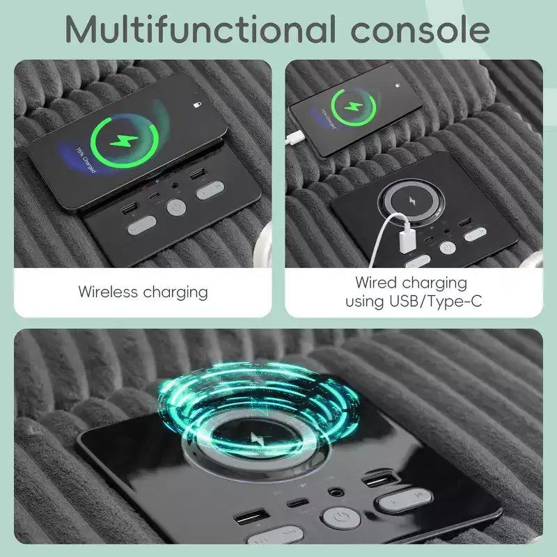 Canapé d'angle en L 4 places Whisen, méridienne convertible confortable, console, haut-parleurs Bluetooth, ports USB, porte-gobelets