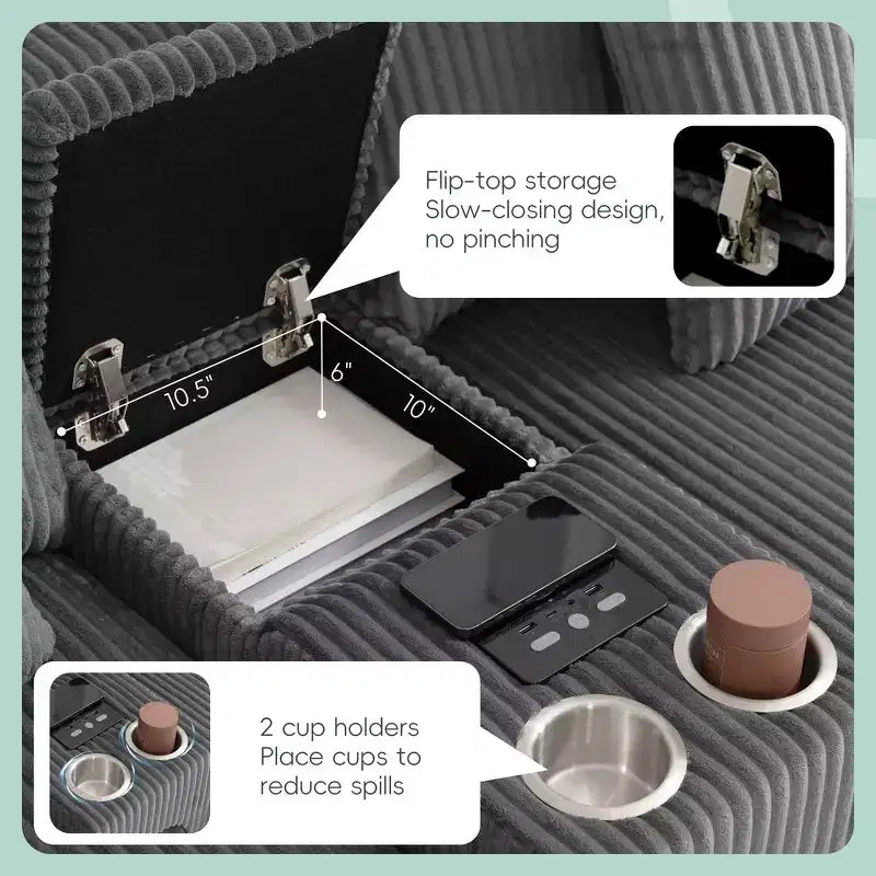 Canapé d'angle en L 4 places Whisen, méridienne convertible confortable, console, haut-parleurs Bluetooth, ports USB, porte-gobelets