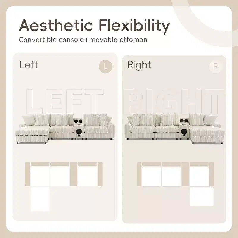 Canapé d'angle en L 4 places Whisen, méridienne convertible confortable, console, haut-parleurs Bluetooth, ports USB, porte-gobelets