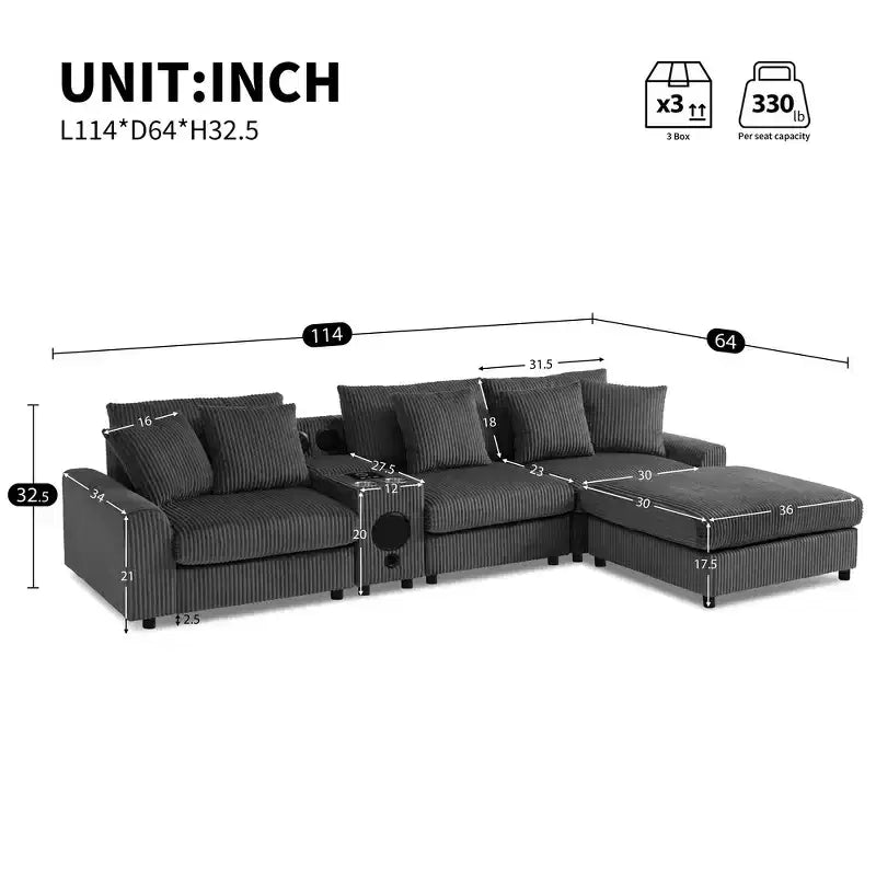 Canapé d'angle en L 4 places Whisen, méridienne convertible confortable, console, haut-parleurs Bluetooth, ports USB, porte-gobelets