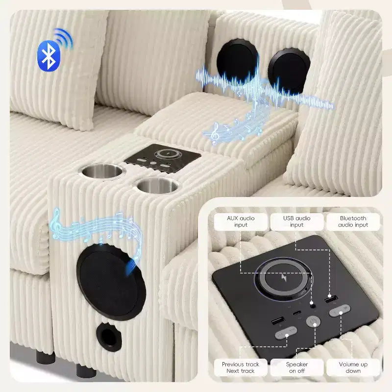 Canapé d'angle en L 4 places Whisen, méridienne convertible confortable, console, haut-parleurs Bluetooth, ports USB, porte-gobelets