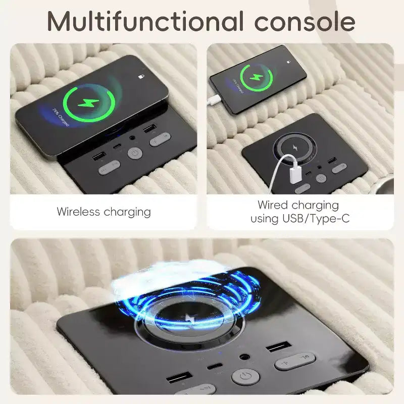 Canapé d'angle en L 4 places Whisen, méridienne convertible confortable, console, haut-parleurs Bluetooth, ports USB, porte-gobelets
