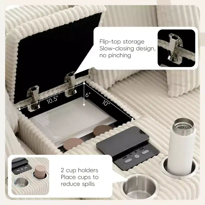 Canapé d'angle en L 4 places Whisen, méridienne convertible confortable, console, haut-parleurs Bluetooth, ports USB, porte-gobelets