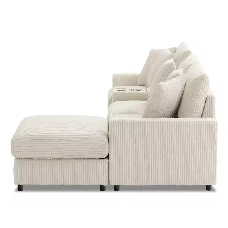 Canapé d'angle en L 4 places Whisen, méridienne convertible confortable, console, haut-parleurs Bluetooth, ports USB, porte-gobelets