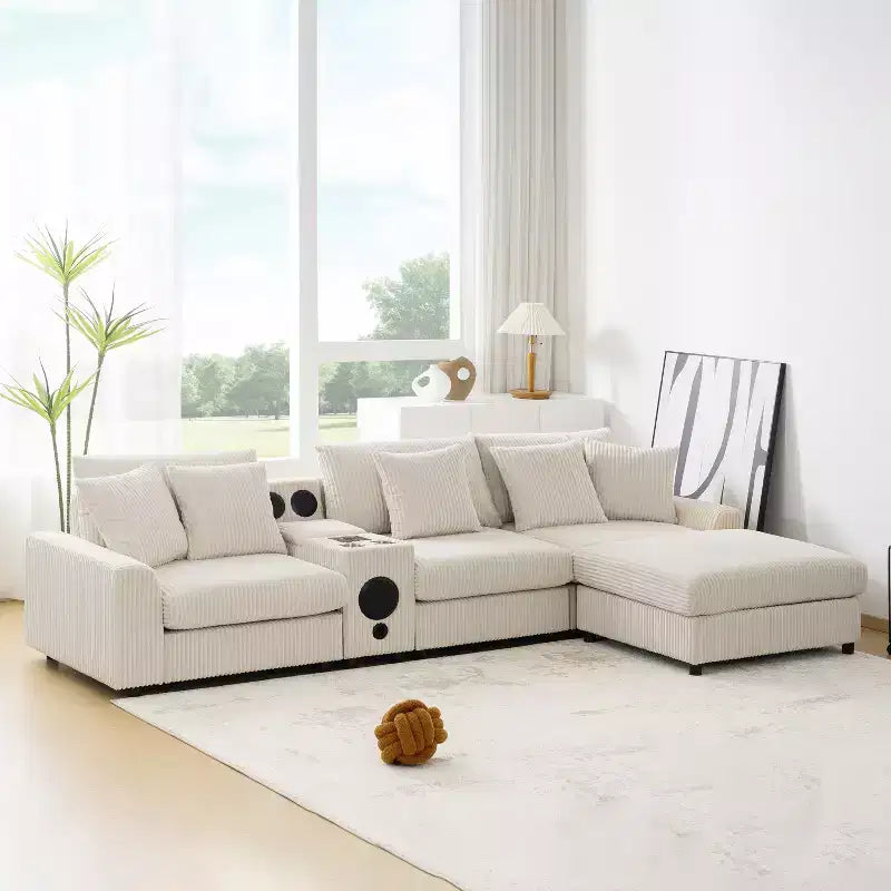 Whisen 4-Seat L-Shaped Sectional Sofa, Convertible Comfy Chaise, Console, Bluetooth Speakers, USB Ports, Cup Holders