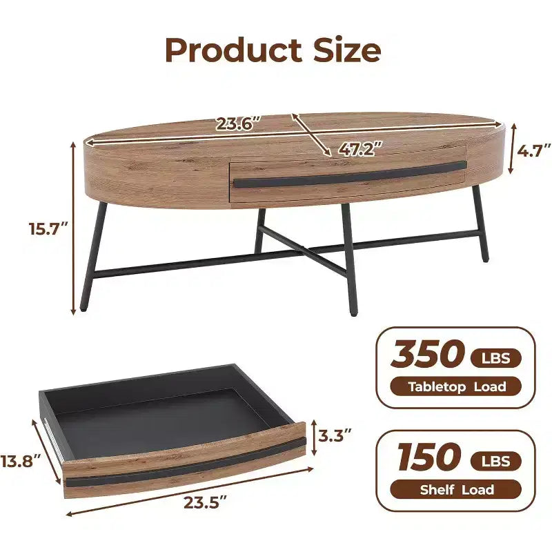 Table basse ovale avec tiroir, table basse en bois de 120 cm avec rangement et pieds croisés en métal, design incurvé unique pour le salon