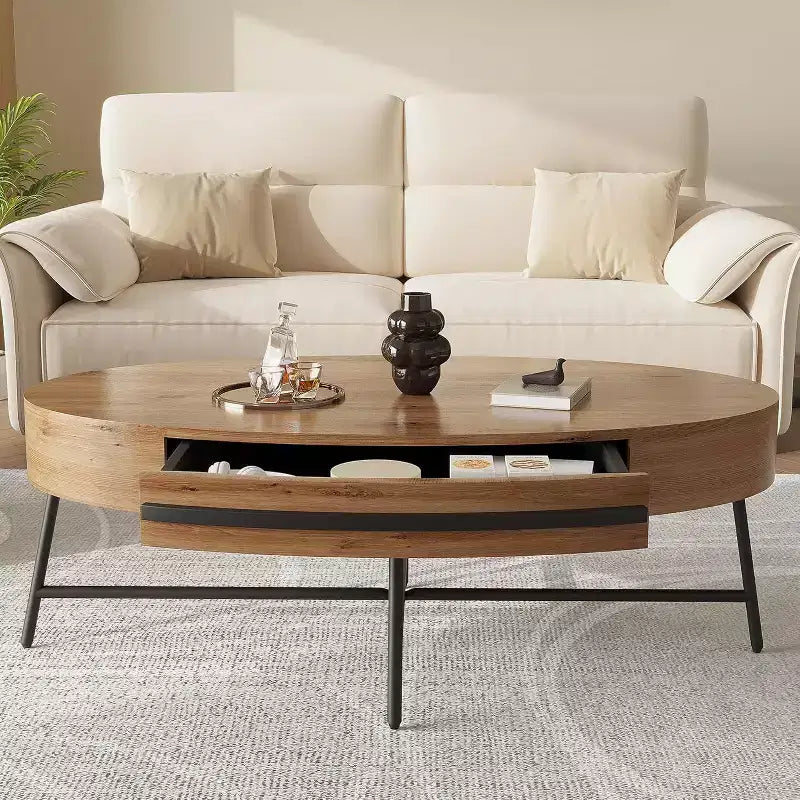 Table basse ovale avec tiroir, table basse en bois de 120 cm avec rangement et pieds croisés en métal, design incurvé unique pour le salon
