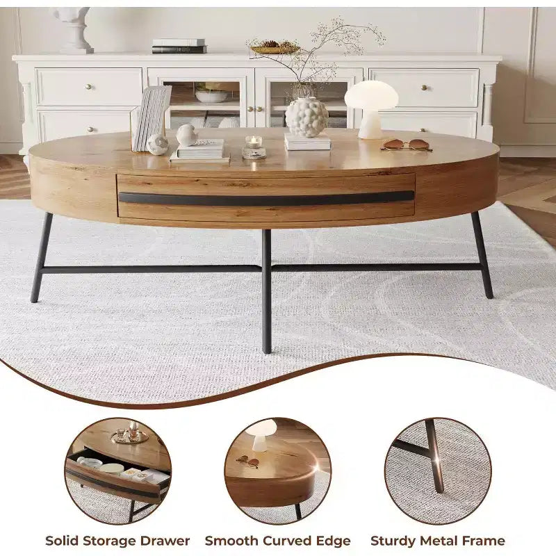 Table basse ovale avec tiroir, table basse en bois de 120 cm avec rangement et pieds croisés en métal, design incurvé unique pour le salon