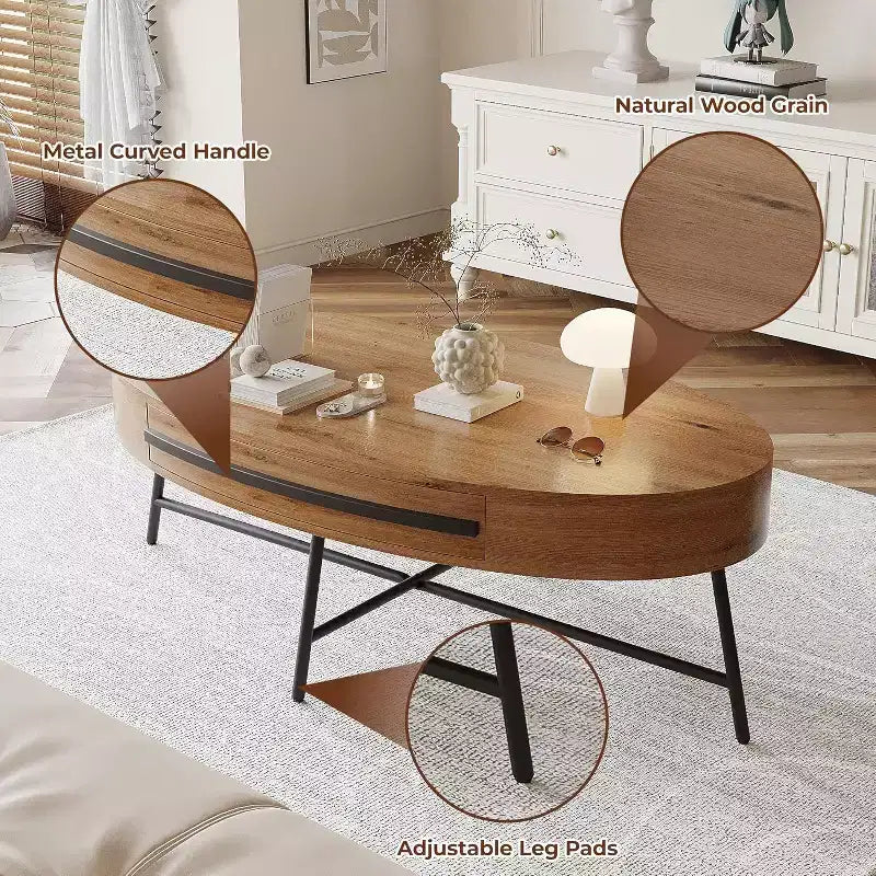 Table basse ovale avec tiroir, table basse en bois de 120 cm avec rangement et pieds croisés en métal, design incurvé unique pour le salon