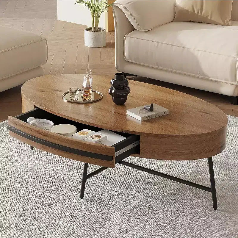 Table basse ovale avec tiroir, table basse en bois de 120 cm avec rangement et pieds croisés en métal, design incurvé unique pour le salon
