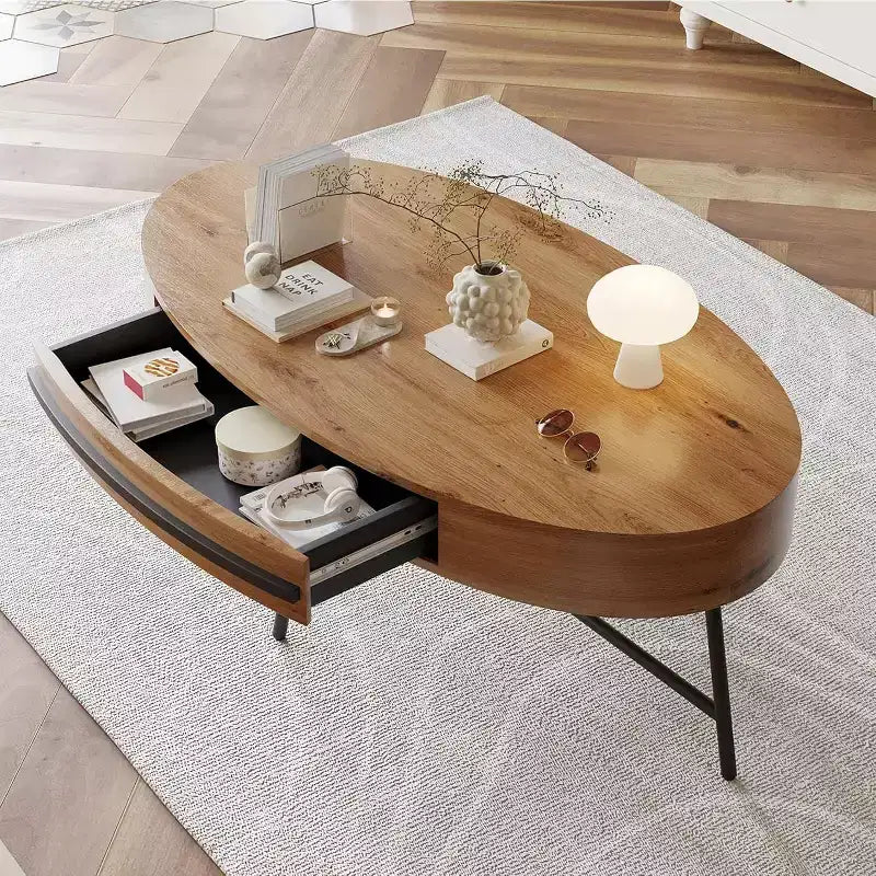 Table basse ovale avec tiroir, table basse en bois de 120 cm avec rangement et pieds croisés en métal, design incurvé unique pour le salon