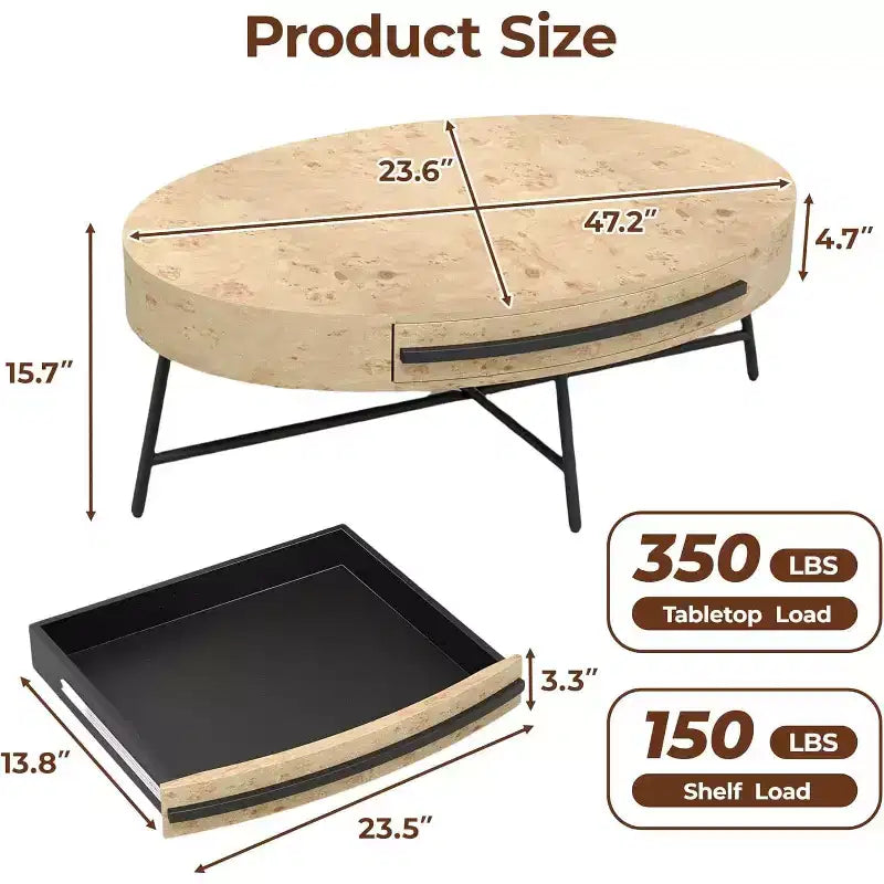 Table basse ovale avec tiroir, table basse en bois de 120 cm avec rangement et pieds croisés en métal, design incurvé unique pour le salon