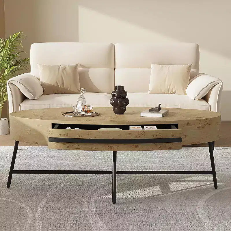 Table basse ovale avec tiroir, table basse en bois de 120 cm avec rangement et pieds croisés en métal, design incurvé unique pour le salon