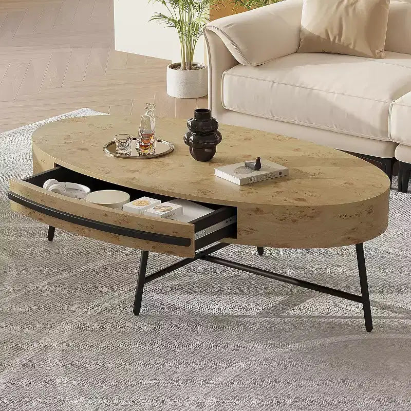 Table basse ovale avec tiroir, table basse en bois de 120 cm avec rangement et pieds croisés en métal, design incurvé unique pour le salon